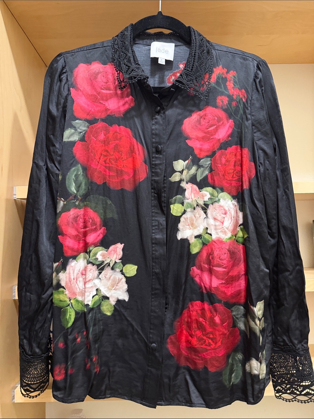 Jade Black Blouse with Red and Pink Rose Motif